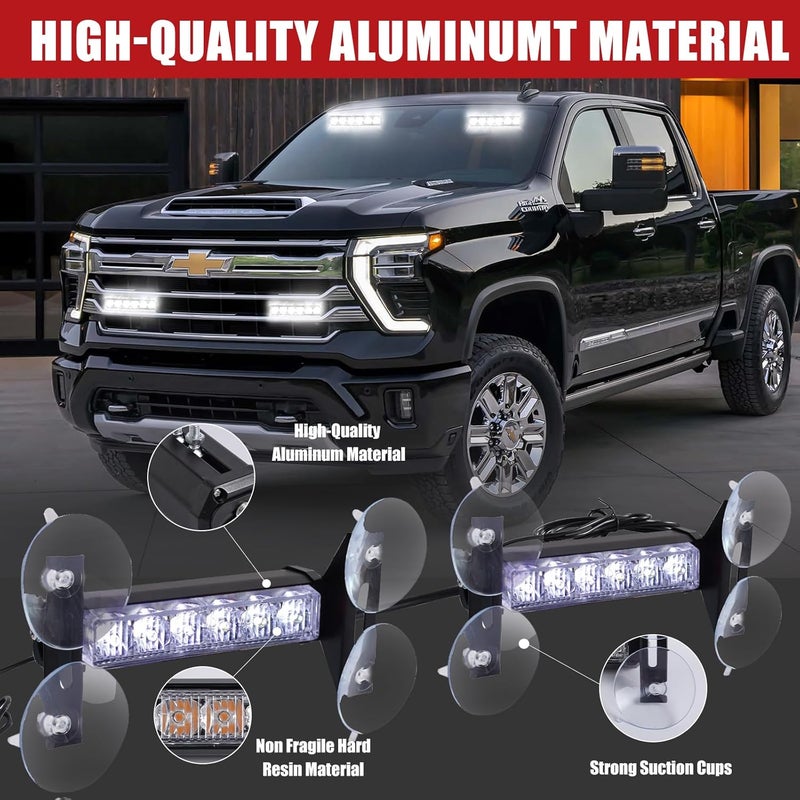 Tiannor 2X 6.1 inch Emergency Strobe Lights 12 LED Hazard Warning Flashing Safety Dash Side/Front/Rear Windshield Lights Grill Surface Mount for Construction Vehicles Tow/Plow Trucks(White Light) - Image 2